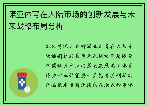 诺亚体育在大陆市场的创新发展与未来战略布局分析